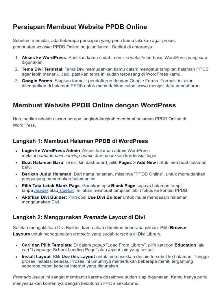 Cara Membuat Website PPDB di WordPress | PDF