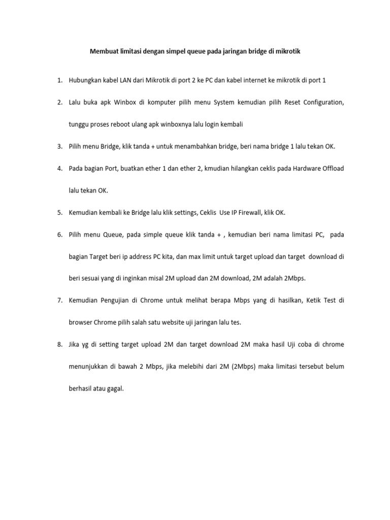 Limitasi Jaringan Bridge Mikrotik | PDF