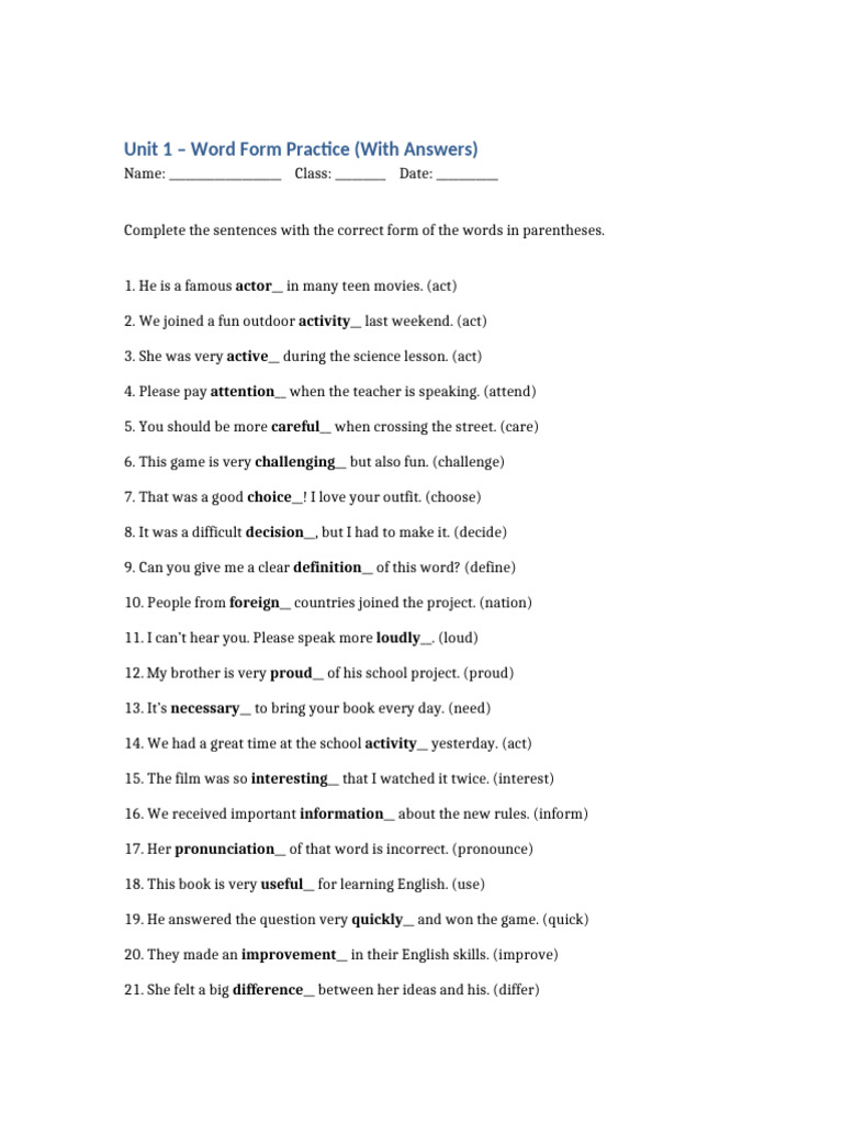 Word Form Practice Exercises with Answers | PDF | Chess Theory | Chess