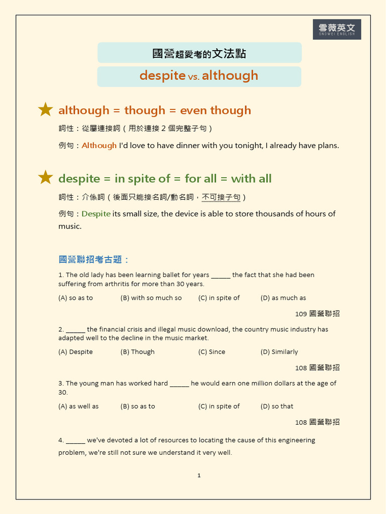 Grammar Guide: Despite vs. Although | PDF | Chess Theory | Chess