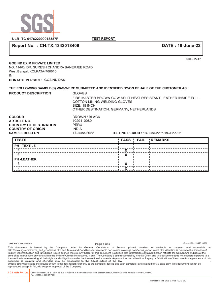 SGS Test Report for Welding Gloves | PDF