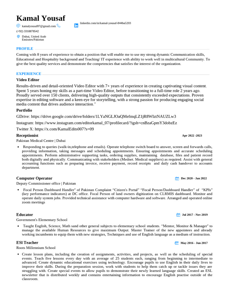 Video Editor & Educator Resume Summary | PDF | English As A Second Or ...