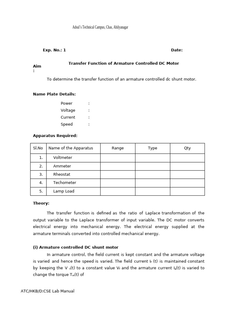 Transfer Function of DC Shunt Motor | PDF | Electrical Engineering ...