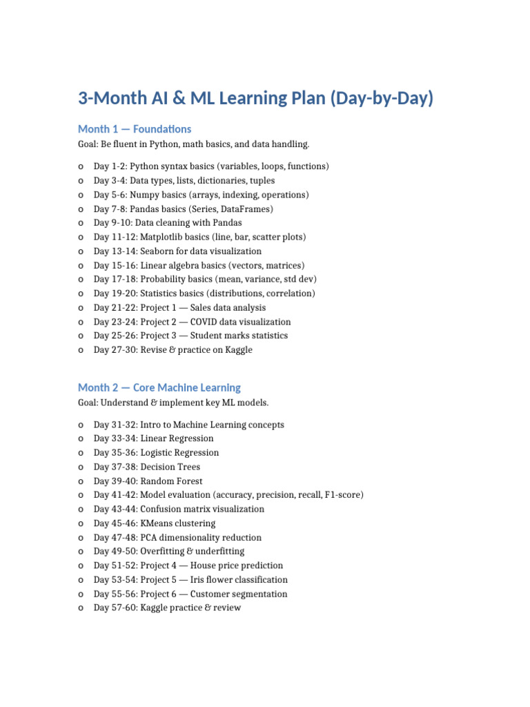 3-Month AI & ML Learning Guide | PDF
