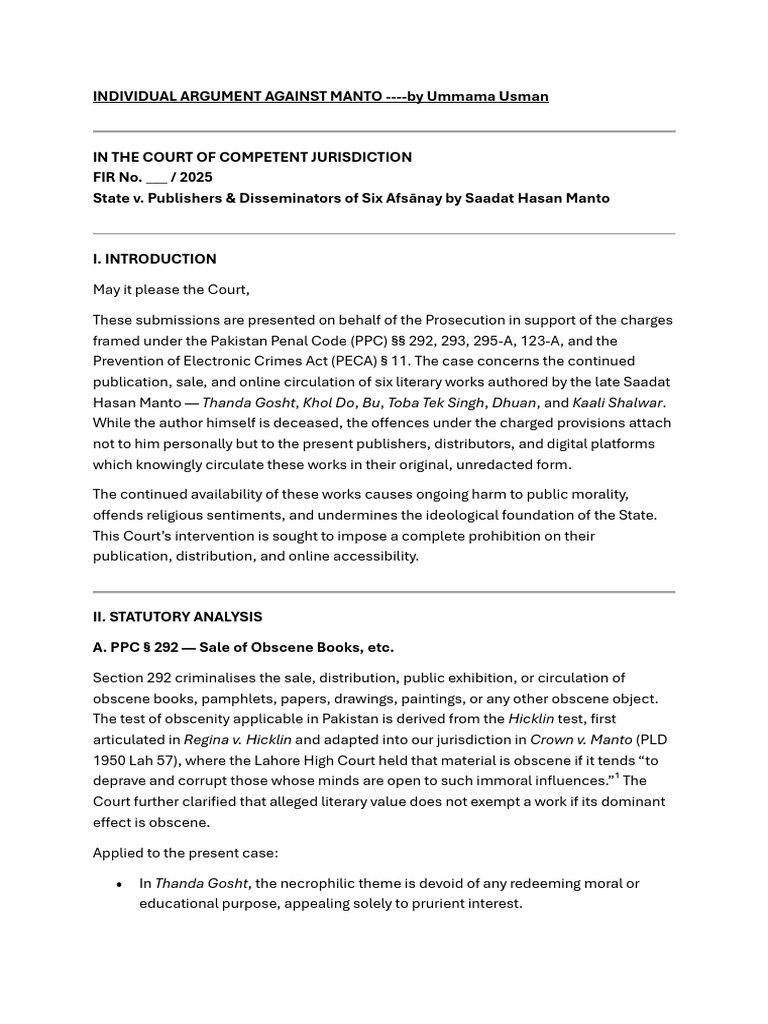 Individual Argument Against Manto | PDF | Obscenity | Justice