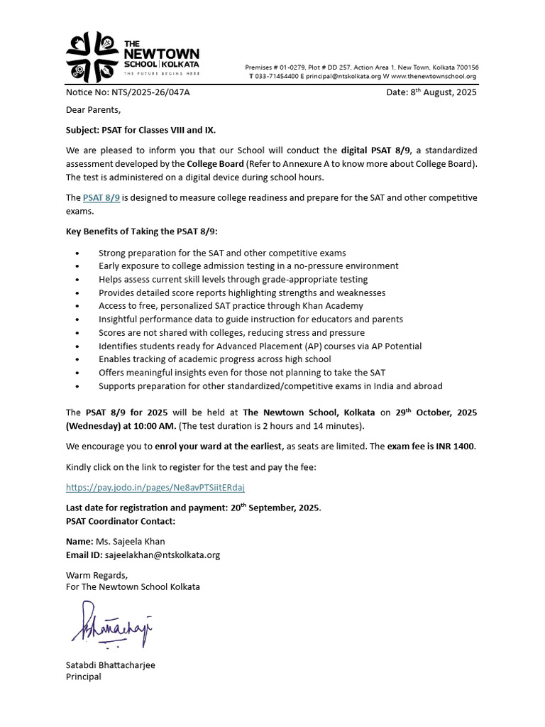 Notice No 47A PSAT at The Newtown School Kolkata Classes VIII and IX ...