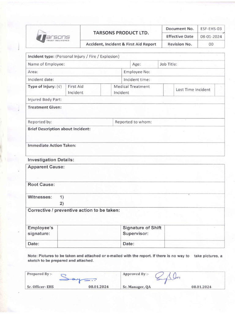 Accident Incident and First Aid Report Format | PDF
