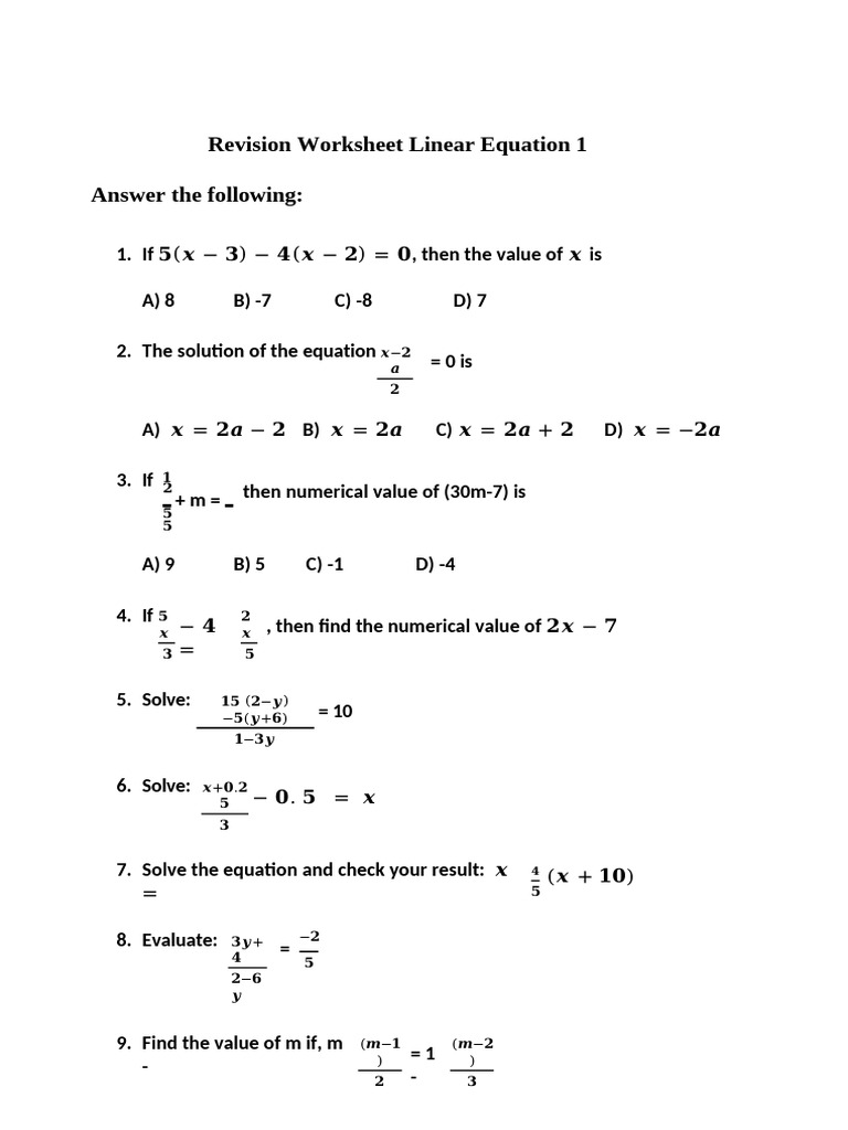 Linear Equation Revision Worksheet | PDF | Chess | Chess Theory