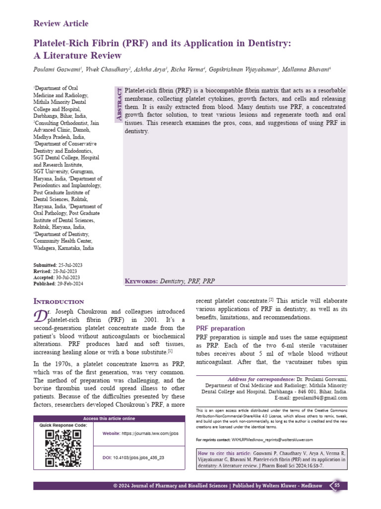 Platelet Rich Fibrin PRF and Its Application In.3 | PDF | Medical ...