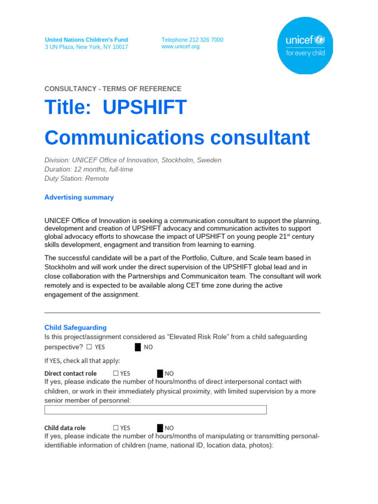 ToR - UPSHIFT Communications Consultant - Final | PDF | Unicef | Mentorship