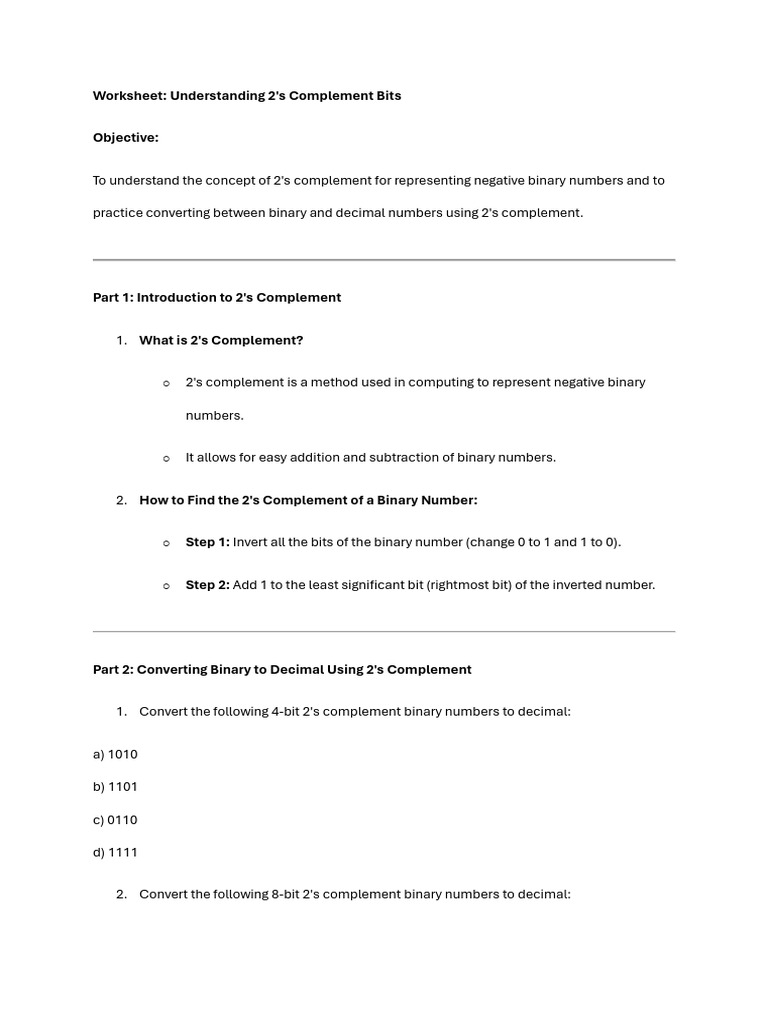 2's Complement Conversion Worksheet | PDF