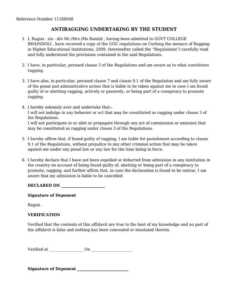Antiragging Undertaking Form for Students | PDF | Affidavit