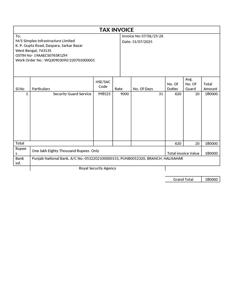 Security Service Invoice - Simplex Infrastructure | PDF