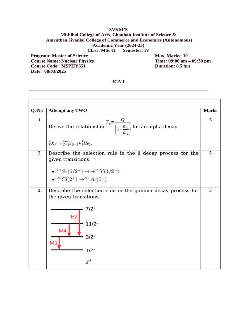 MSc Nuclear Physics Exam Paper 2024-25 | PDF