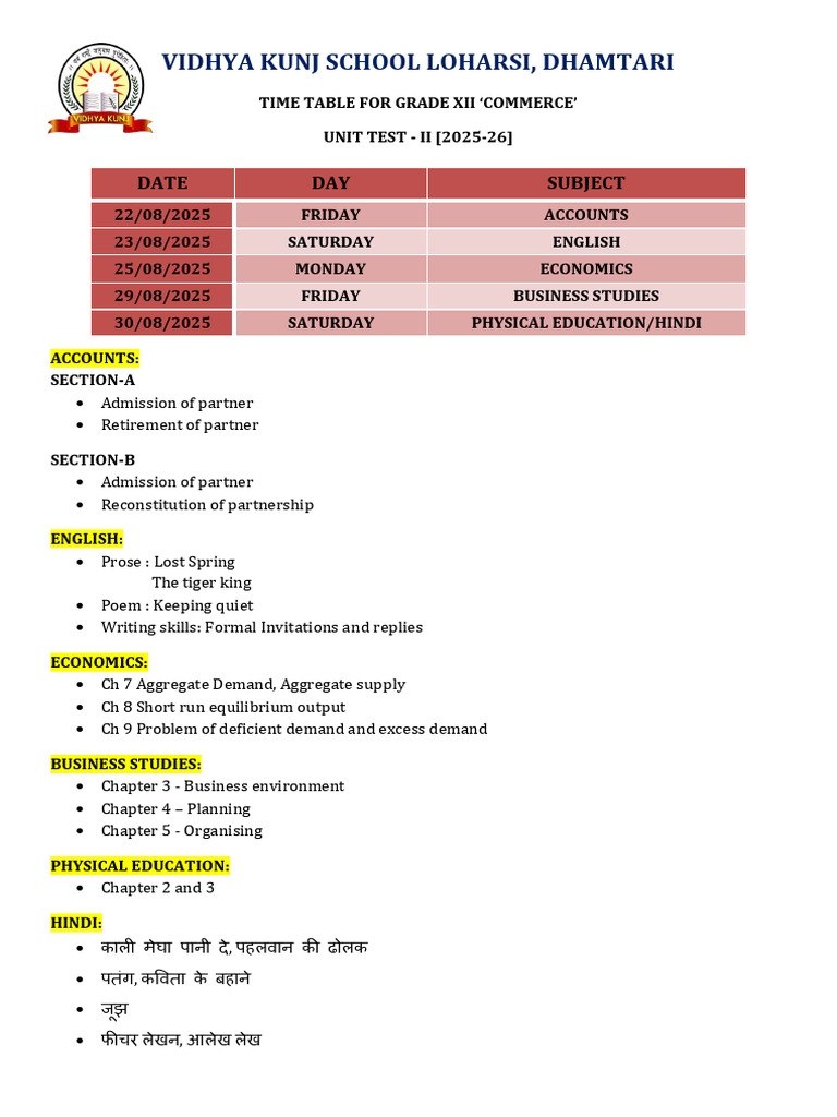 Grade XII Commerce Unit Test II Timetable | PDF