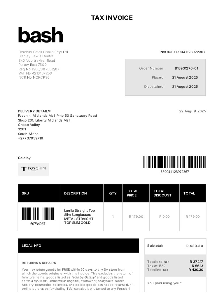Tax Invoice: SKU Description QTY Total Price Total Discount Total | PDF ...