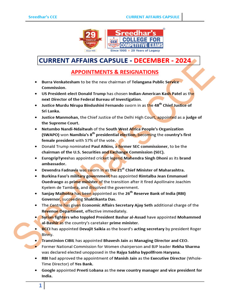 Current Affairs Capsule - December - 2024 | PDF | Reserve Bank Of India