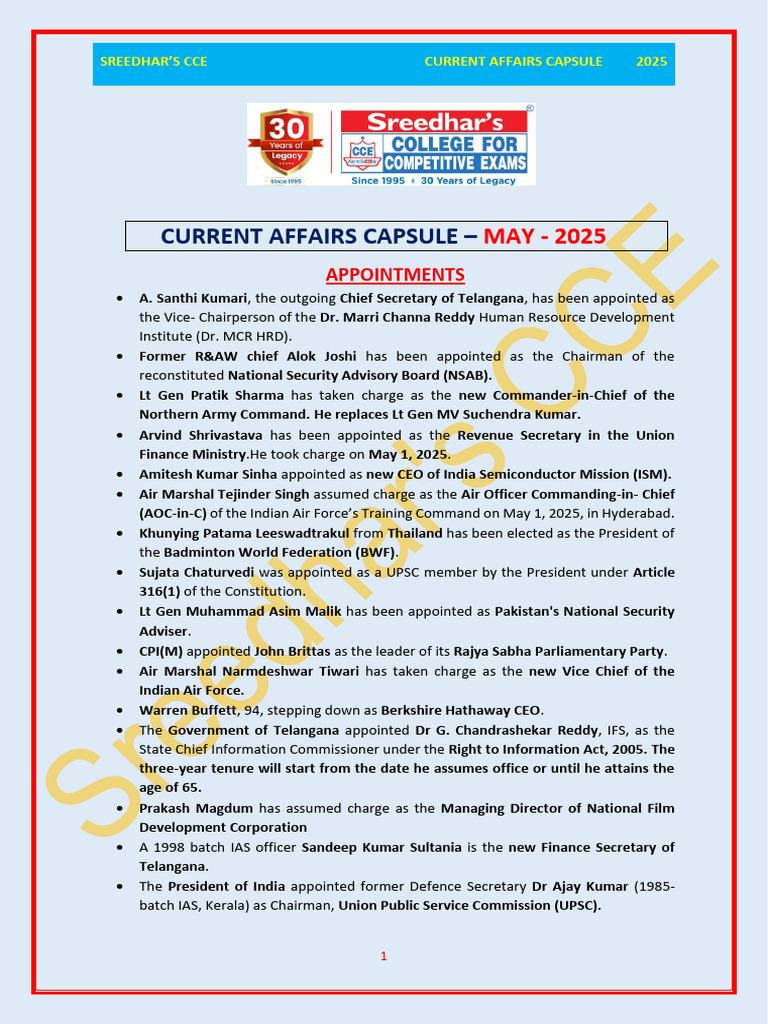 Current Affairs Capsule May 2025 | PDF | Reserve Bank Of India