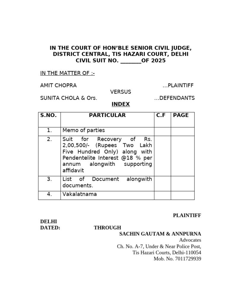 Civil Suit for Recovery of ₹2,00,500 | PDF | Affidavit | Common Law
