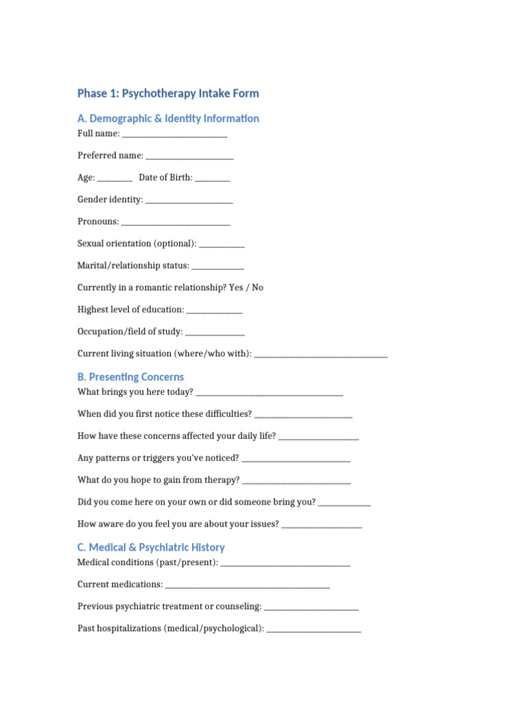 Psychotherapy Intake Form Overview | PDF | Psychotherapy | Self Harm