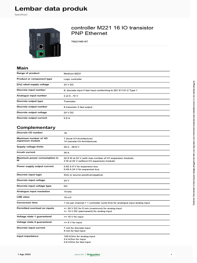 Modicon M221 Controller TM221ME16T Specs | PDF | Programmable Logic ...
