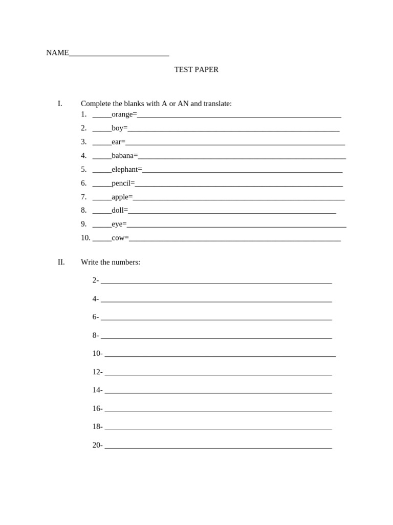 English Test Paper: A/An & Numbers | PDF