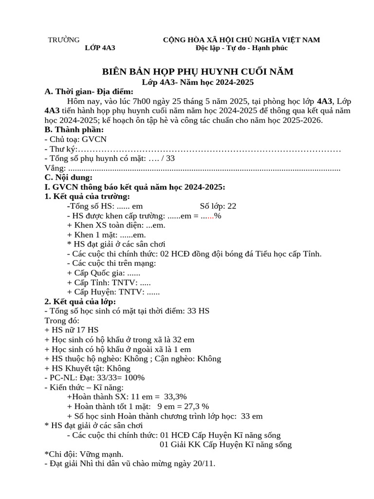 Biên Bản Họp Phụ Huynh | PDF
