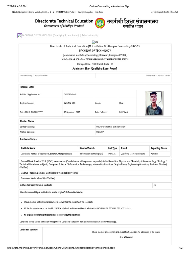 B.Tech Admission Slip - DTE MP 2025-26 | PDF