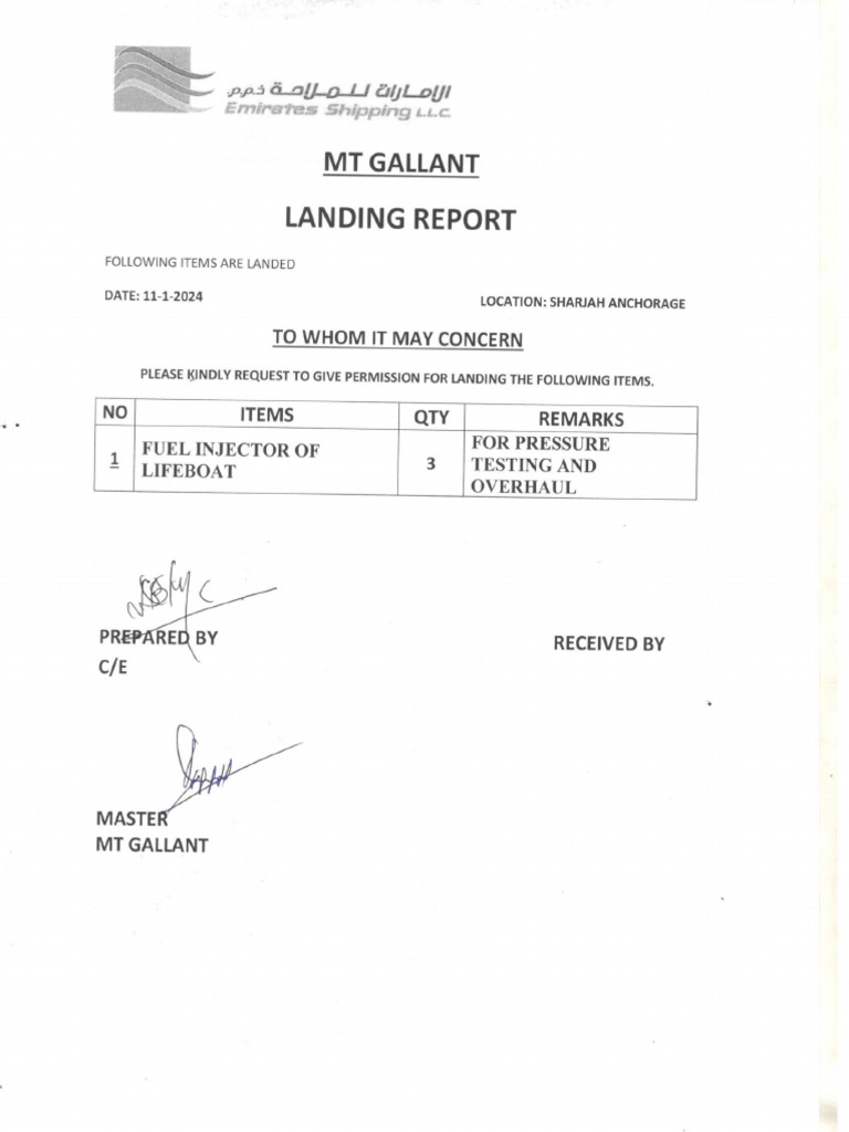Landing Report Life Boat Fuel Injector 11.01.2024 | PDF