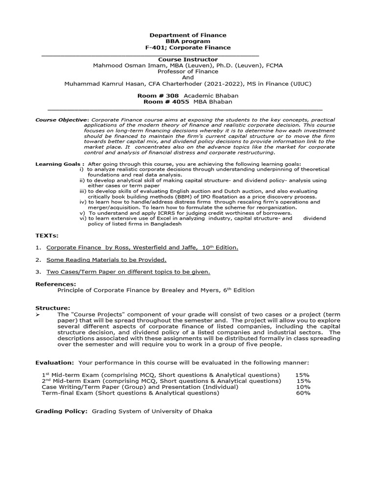 Corporate Finance Course Overview | PDF | Capital Structure | Dividend