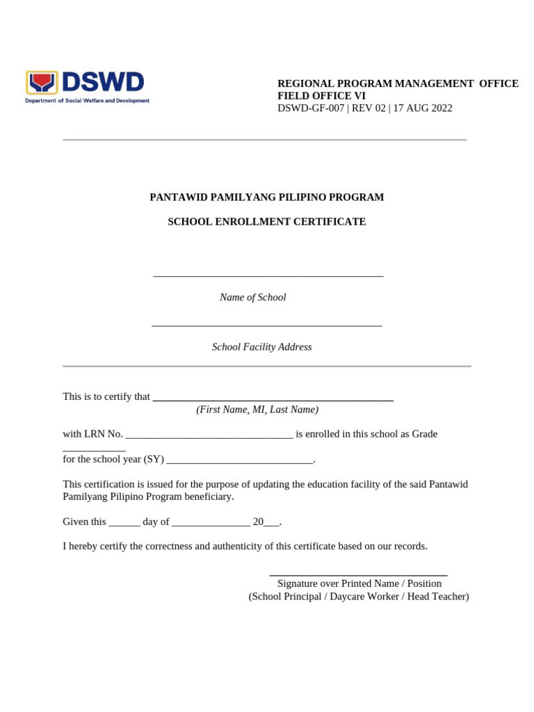 4Ps School Enrollment Certificate Form | PDF