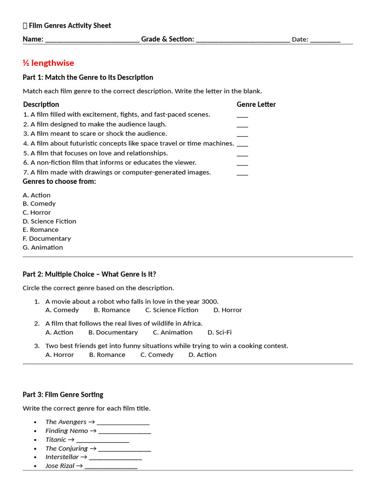 Q1 M3 Film Genres Activity Sheet ORIOLE | PDF