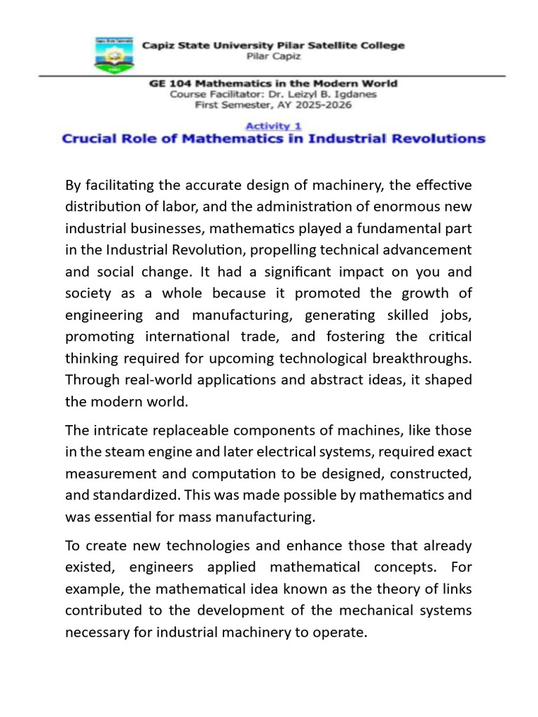 Crucial Role of Mathematics in Industrial Revolutions | PDF
