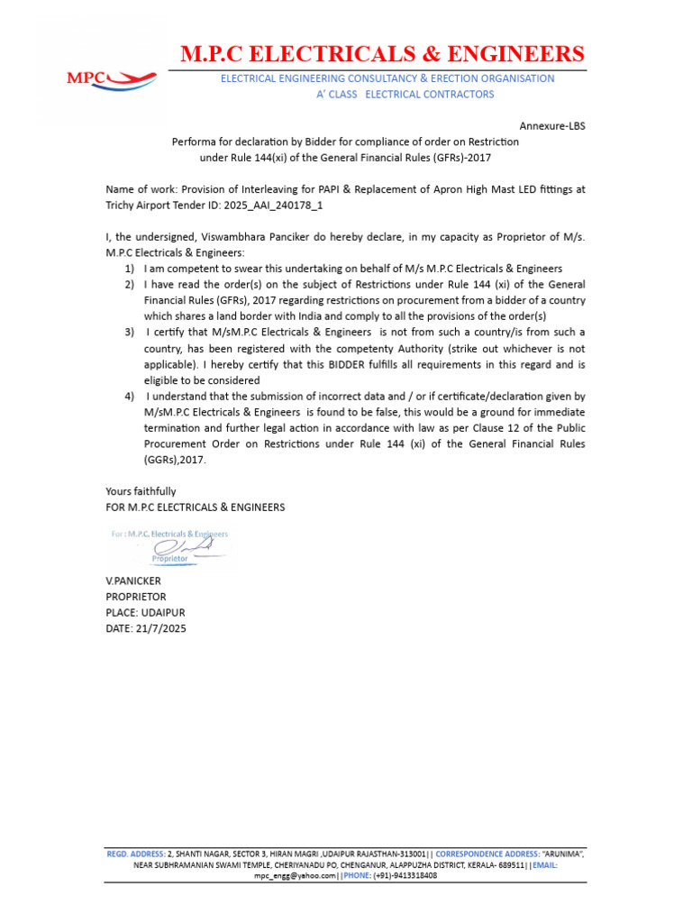 Compliance Declaration for Tender 2025_AAI | PDF