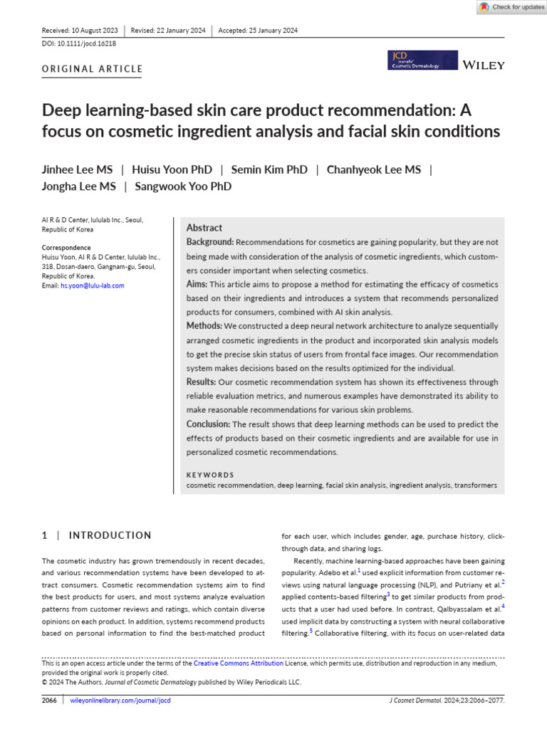 J of Cosmetic Dermatology - 2024 - Lee - Deep Learning Based Skin Care ...