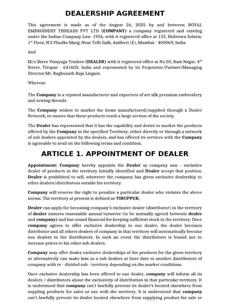 Dealership Agreement for Royal Embroidery | PDF | Business Law ...