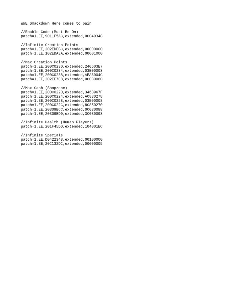 Smackdown Pain Patch Codes Guide | PDF