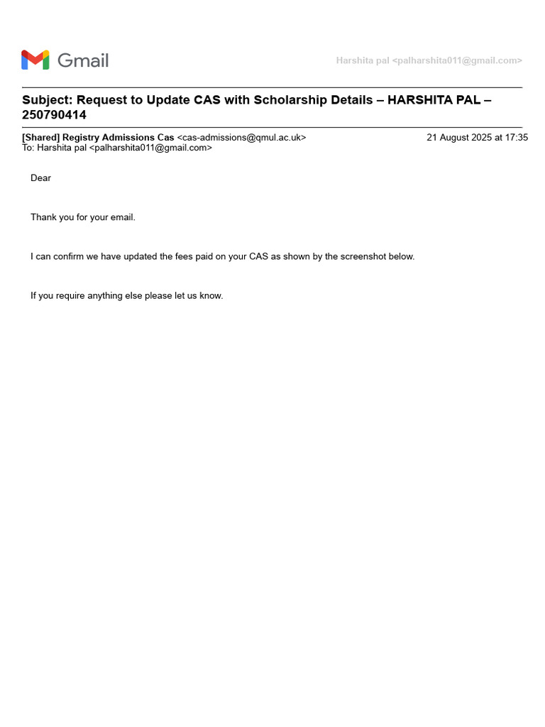 Subject - Request To Update CAS With Scholarship Details - HARSHITA PAL ...