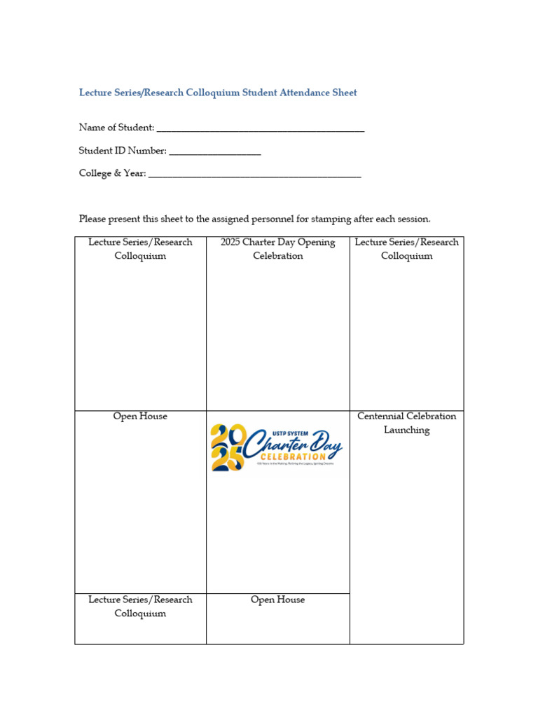 USTP Student Attendance Sheet Template USTPCharter2025 | PDF