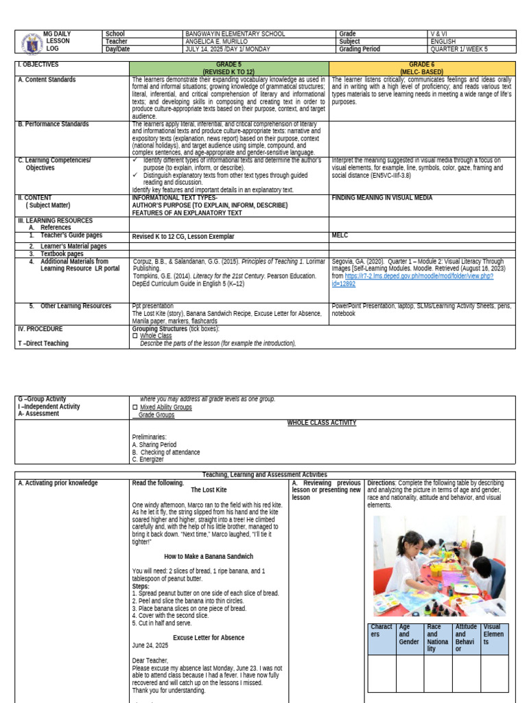 Grade 5-6 English Lesson Plan: Informational Texts | PDF | Reading ...