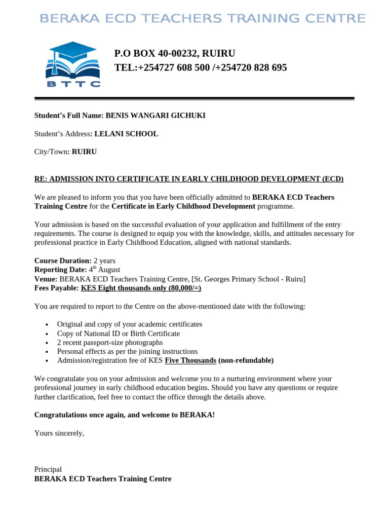 Admission to ECD Program at Beraka | PDF