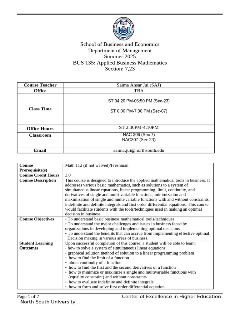BUS 135 Course Outline: Applied Math | PDF | Derivative | Mathematical ...