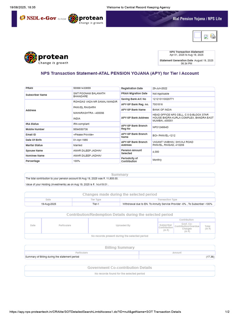 NPS Transaction Statement for APY Account | PDF | Financial Services ...