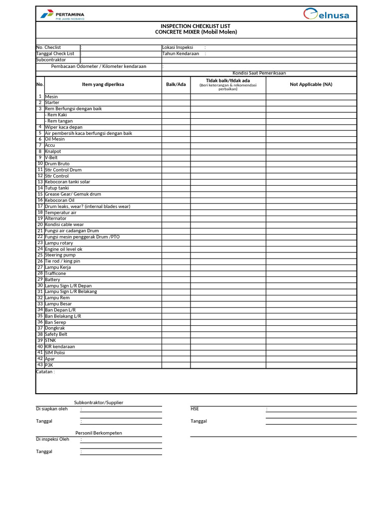 Checklist Inspeksi Mobil Molen | PDF