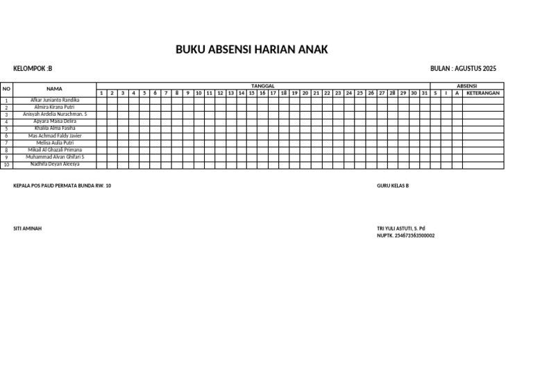 Absen Khalila di Buku Harian Anak | PDF