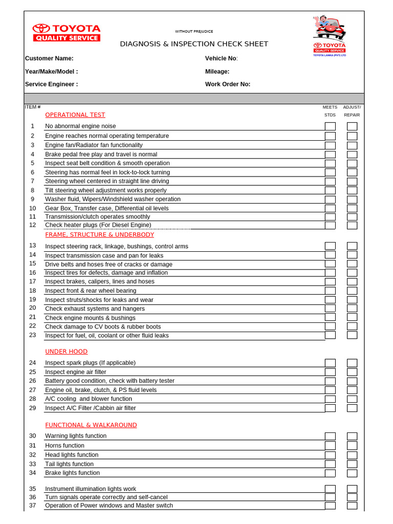 Car PDI Inspection Checklist | PDF | Airbag | Steering
