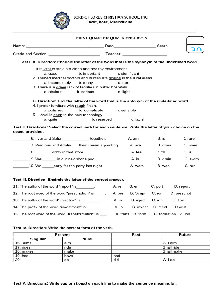 English 5 First Quarter Quiz | PDF | Linguistic Typology | Grammar