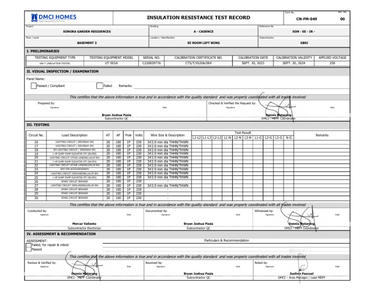 Insulation Resistance Test Record | PDF | Electrical Components ...