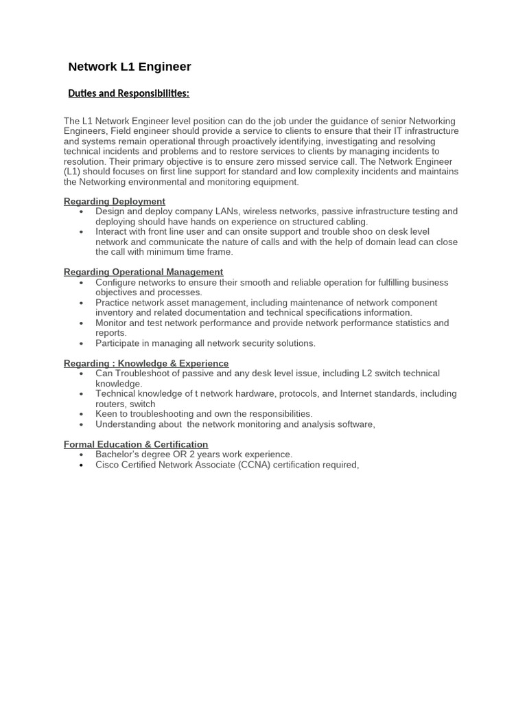 L1 Network Engineer Job Overview | PDF