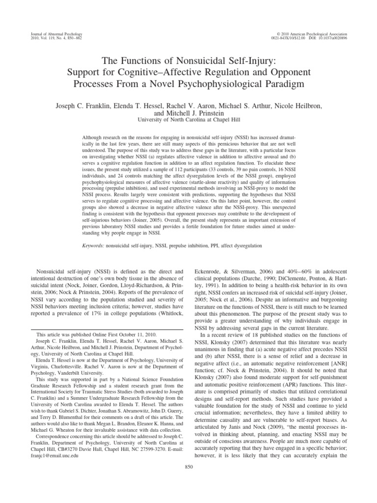 Understanding Nonsuicidal Self-Injury Functions | PDF | Affect ...